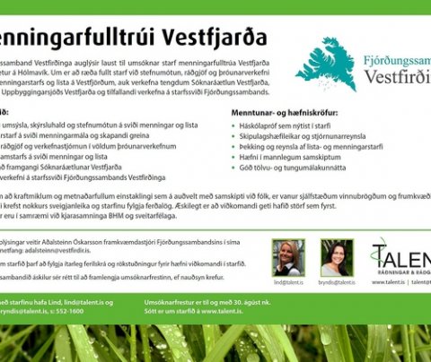 Starf menningarfulltrúa - frestur til og með 30. ágúst